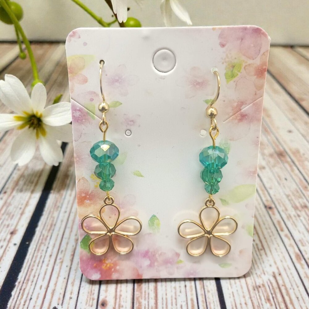 Delicate Flower Earrings with Green Glass Beads Hand crafted. Original design.